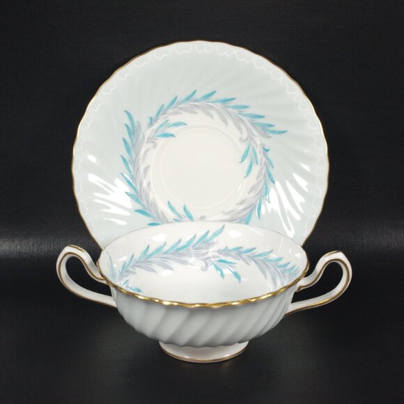 Set of 3 Minton "Symphony Blue" Footed Cream Soup Bowls and Saucers Bone China - Picture 3 of 7